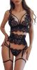 Women Sexy Garter Belt Lingerie,3 Piece Eyelash Mesh Lace Bra and G-string Panty Sets,Underwear Set with Adjustable Straps for Dating Valentine's Day