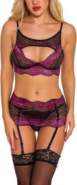 Women Lace Sexy Lingerie Set with Garter Belts Sexy Bra Unique Design Thong Lace Skirt Underwear Set Adjustable Straps for Dating Valentine's Day Hone (Color: Purple, size: medium)